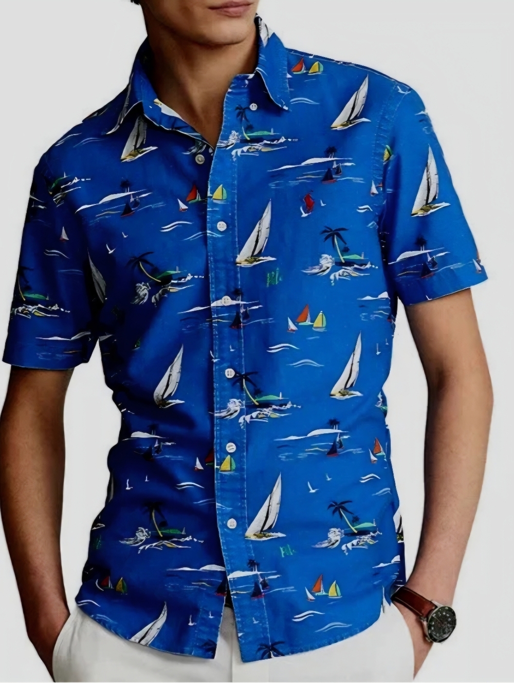 Polo Blue Sailboat Print Short-Sleeve Button-Down Classic Fit Shirt Size Xs